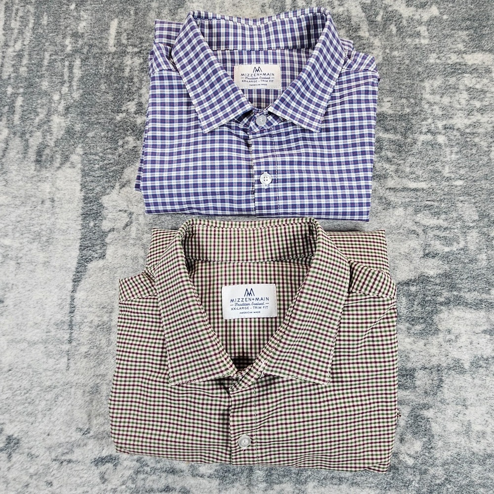 Lot of 2 Mizzen+Main Shirt Mens XXL Plaid Trim Fit Performance Stretch Comfort